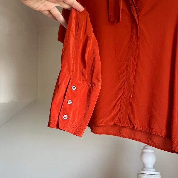 Vintage Orange 100% Silk‎ Bow Tie Peter Pan Collar Secretary Blouse Top - Picture 6 of 13